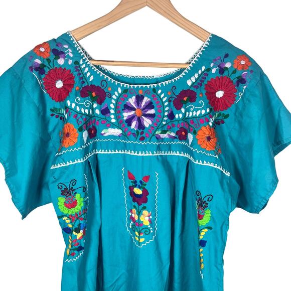 Vintage 1970’s Authentic Mexican Embroidered Aqua Blue Green Floral Smock Dress - Picture 3 of 7